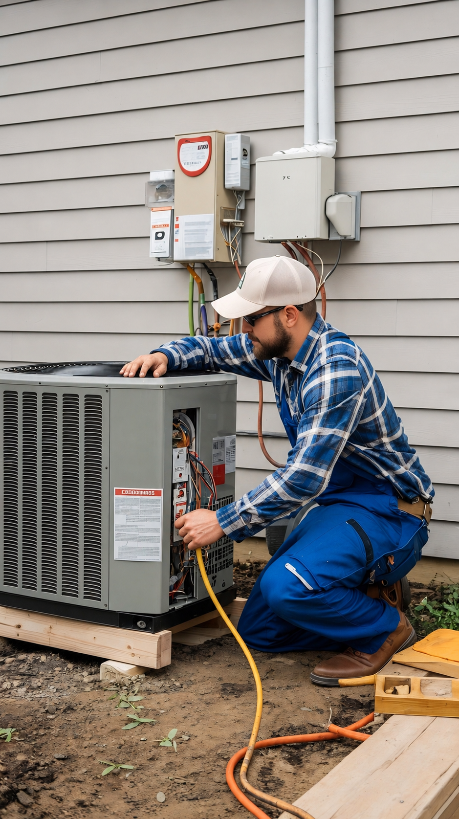 Technician kneeling beside an outdoor HVAC unit, using tools near electrical equipment by a house wall