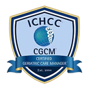 ICHCC CGCM certified geriatric care manager shield logo in blue and gold with globe and ribbon