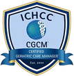 ICHCC CGCM certified geriatric care manager blue-and-gold shield logo with ribbon, est. 1994