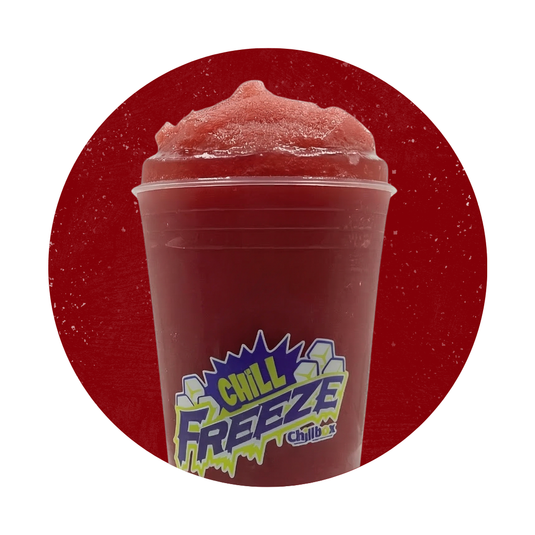 Red frozen slush drink in a clear cup with a Chill Freeze logo on a red background