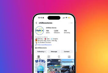 Instagram profile page on a phone, shown over a purple-to-blue gradient background.