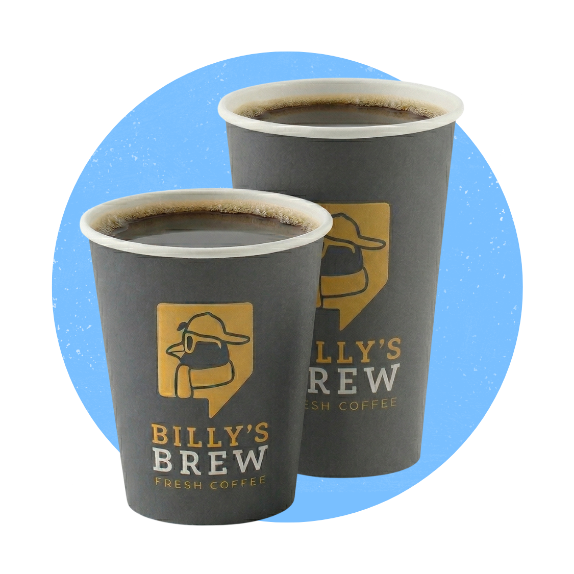 Two Billy’s Brew coffee cups on a blue circle background, one tall and one short