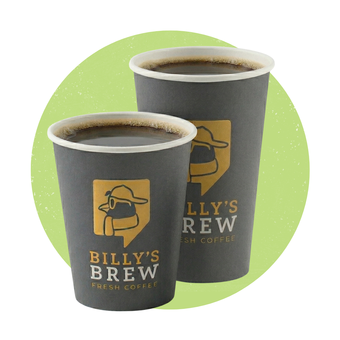 Two Billy’s Brew coffee cups, one small and one large, on a light green circle background