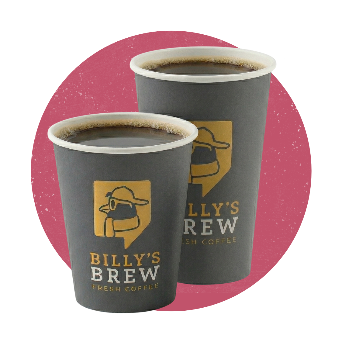 Two Billy’s Brew coffee cups on a pink circle background