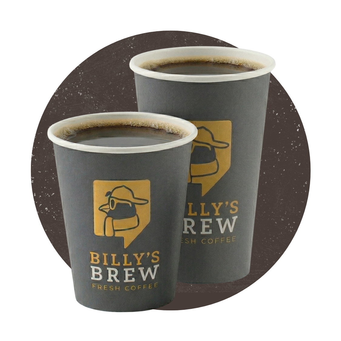 Two Billy’s Brew coffee cups, dark gray with yellow logos, on a brown background