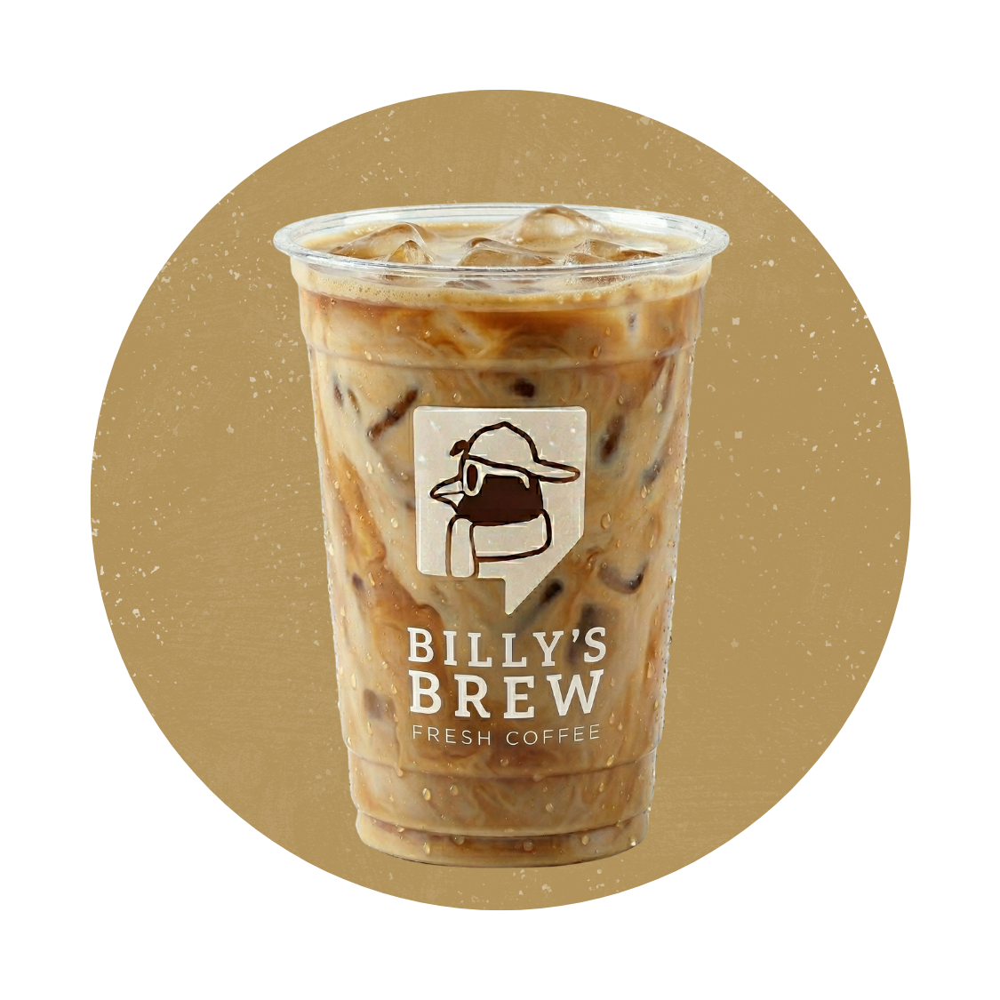Iced coffee in a clear cup with Billy’s Brew logo on a tan circular background
