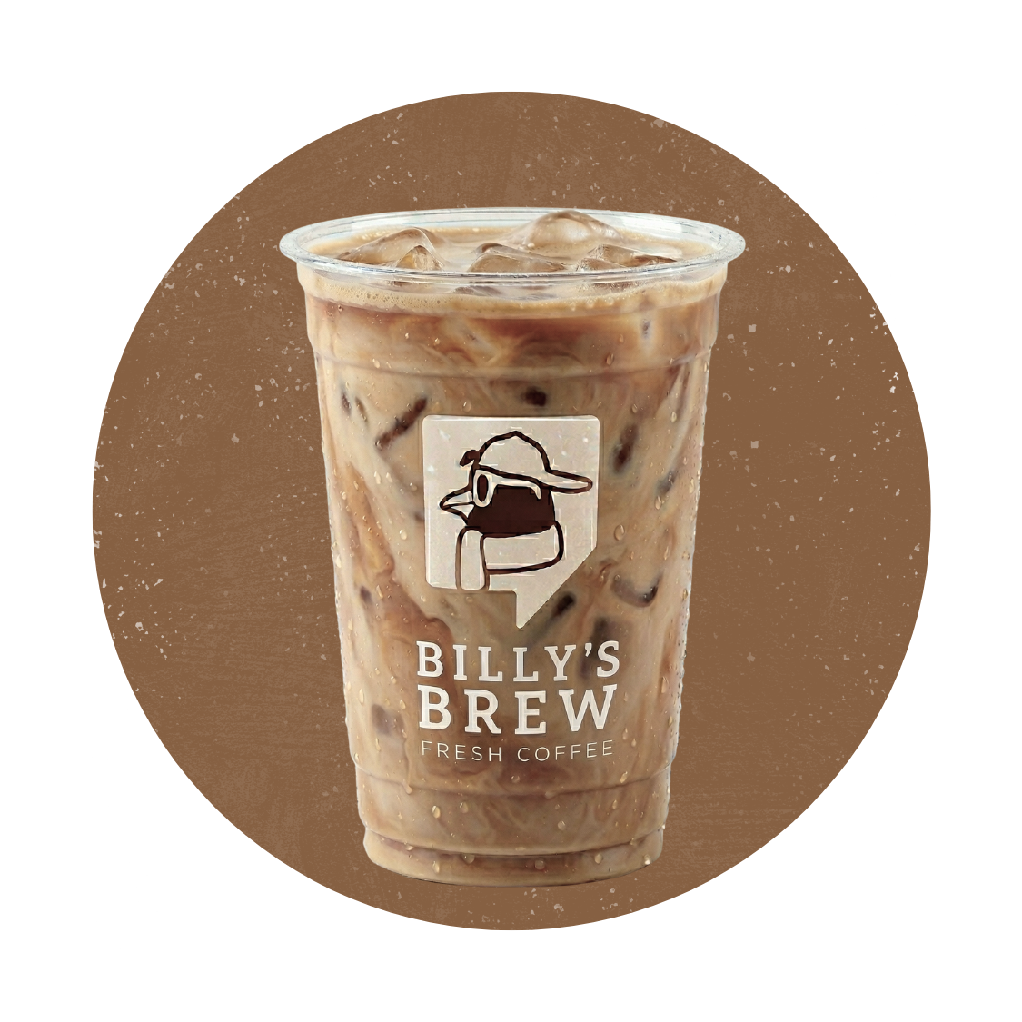 Iced coffee in a clear plastic cup with Billy’s Brew logo on a brown background