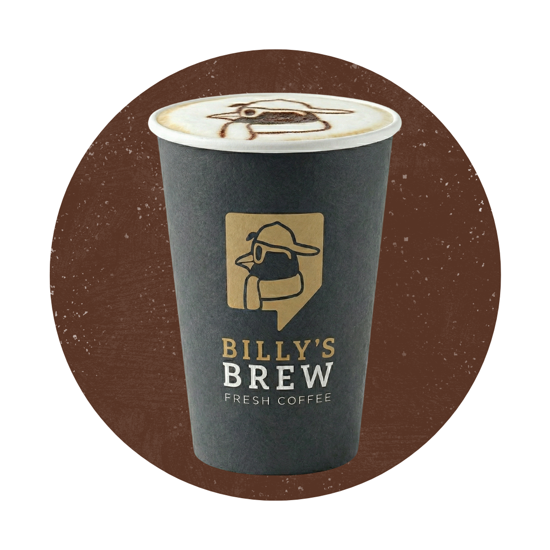 Billy’s Brew coffee cup with logo on a brown background