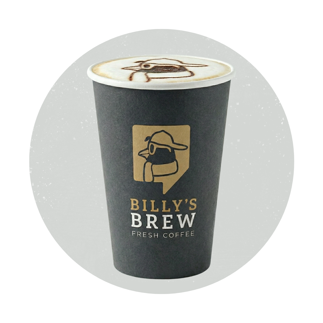 Black Billy’s Brew coffee cup with lid and a logo on the front