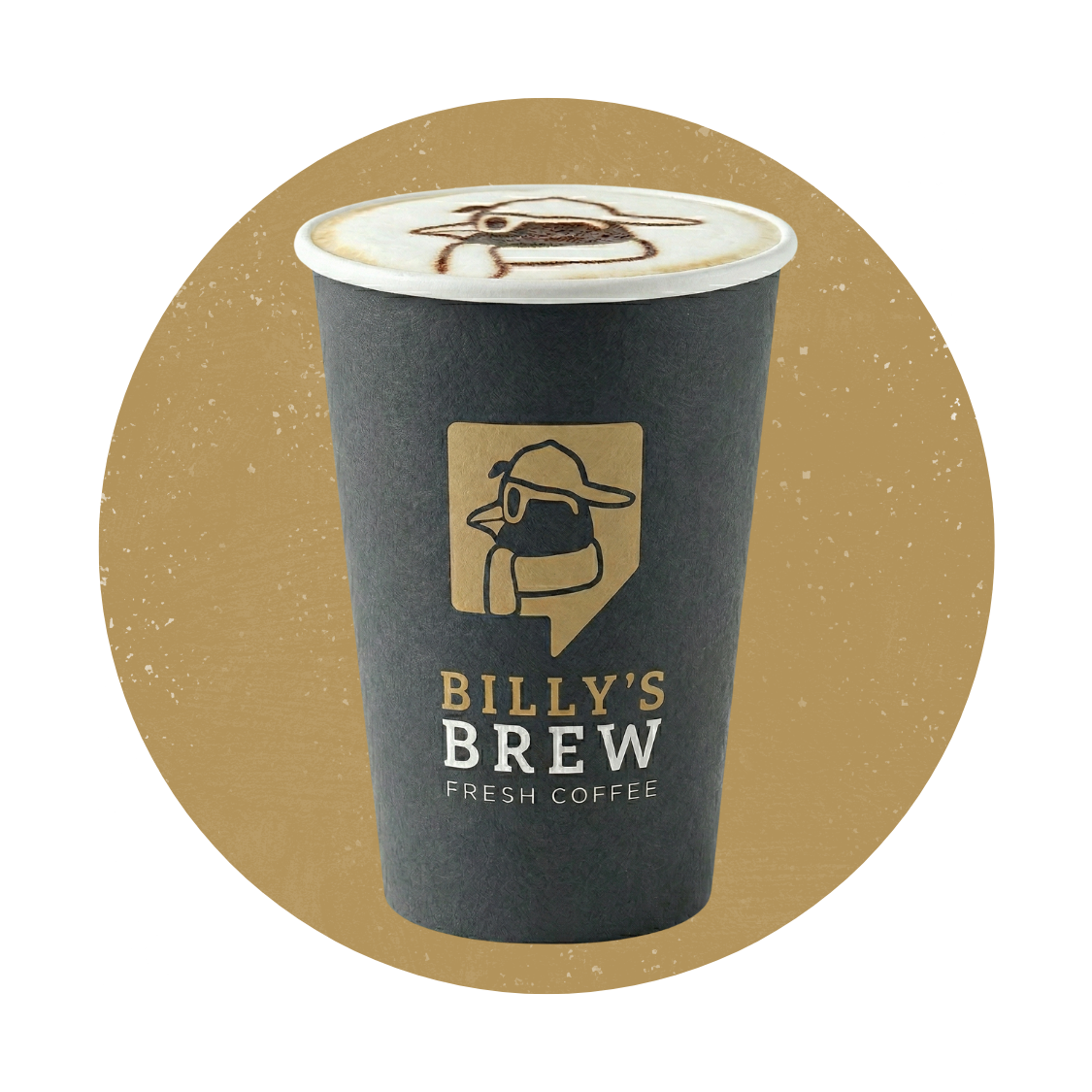 Black Billy’s Brew coffee cup with lid on a gold circular background