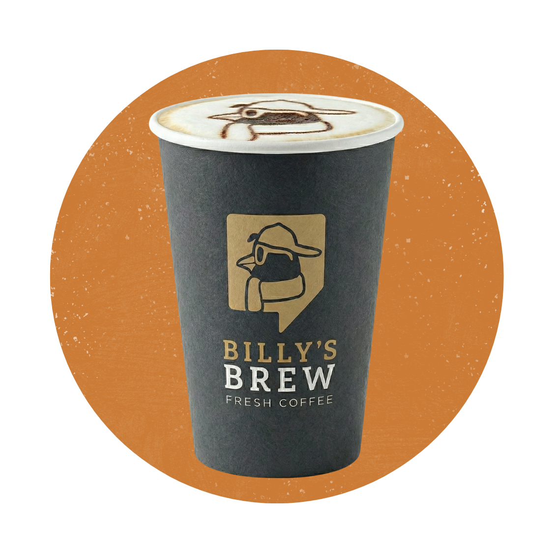 Branded coffee cup with lid on an orange circular background