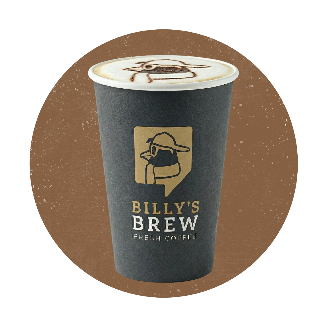Billy's Brew coffee cup with a logo, on a brown background.