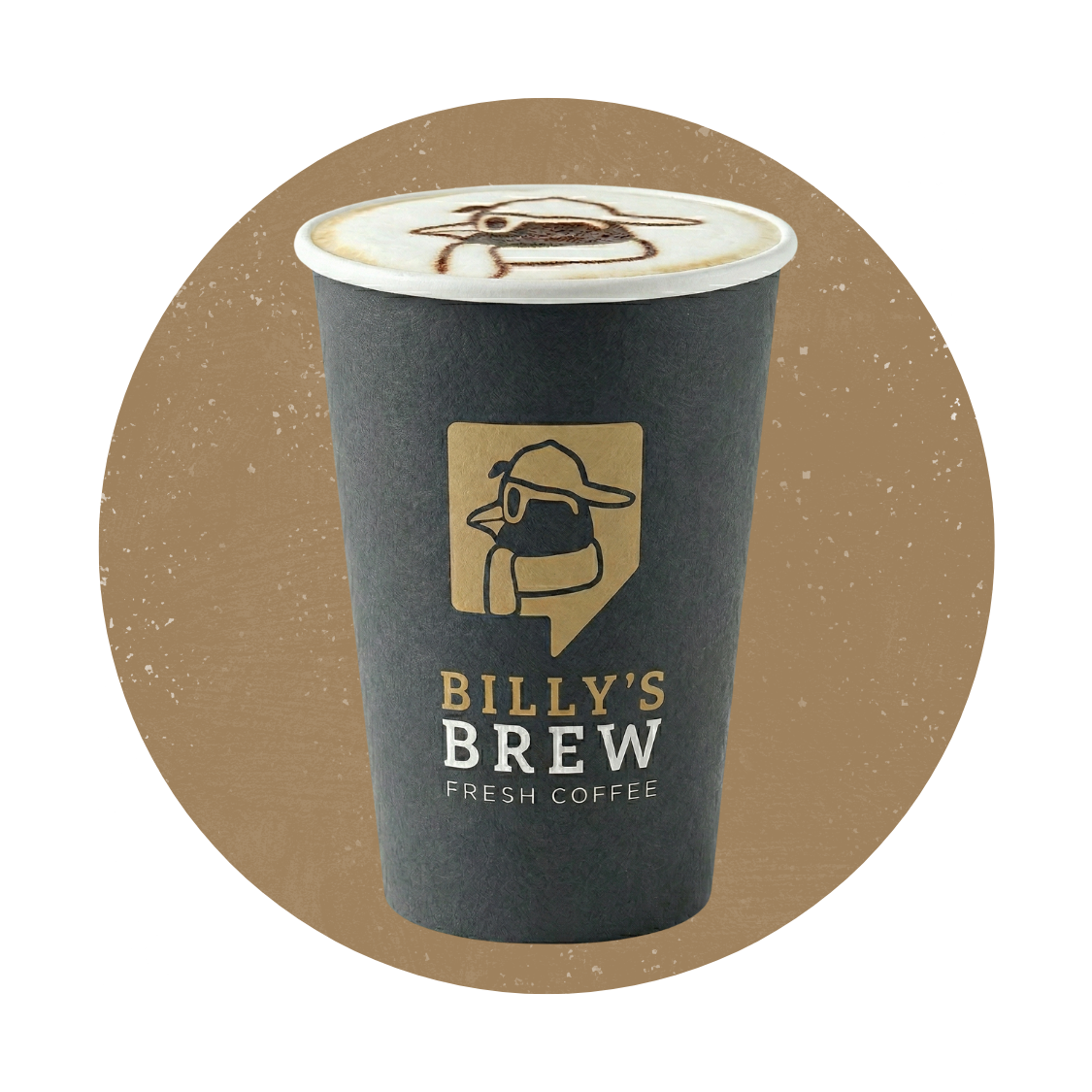 Black Billy’s Brew coffee cup with white lid on a tan background