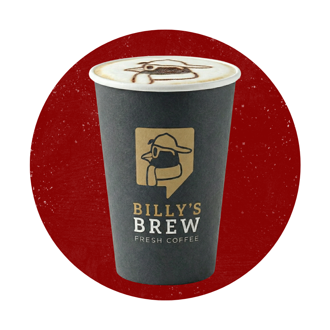 Billy's Brew coffee cup in a dark sleeve on a red circular background