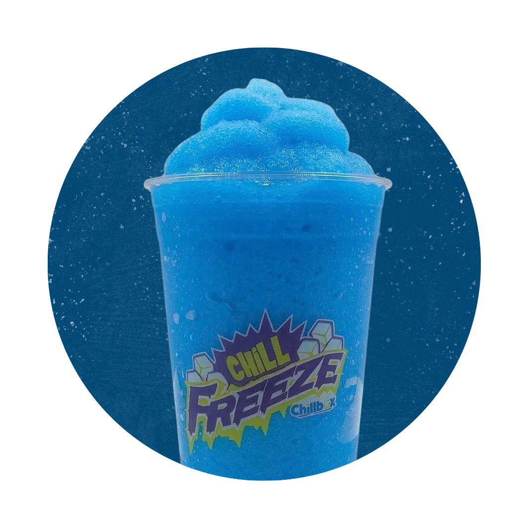 Blue Chill Freeze cup with a frosty slush topped with ice, against a dark blue background