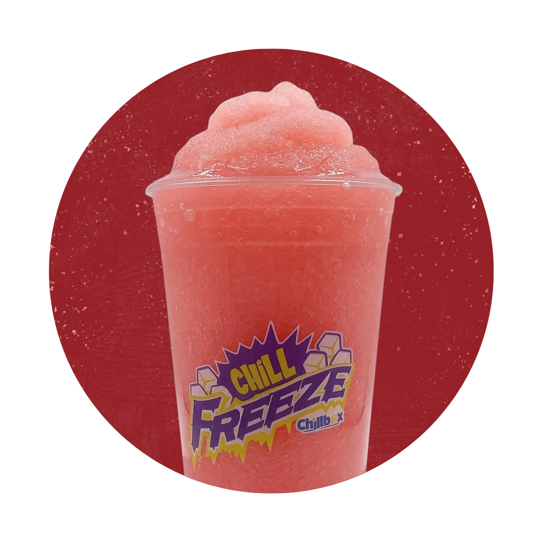 Red frozen slush drink in a clear cup with a pink lid, branded Chill Freeze on a red background