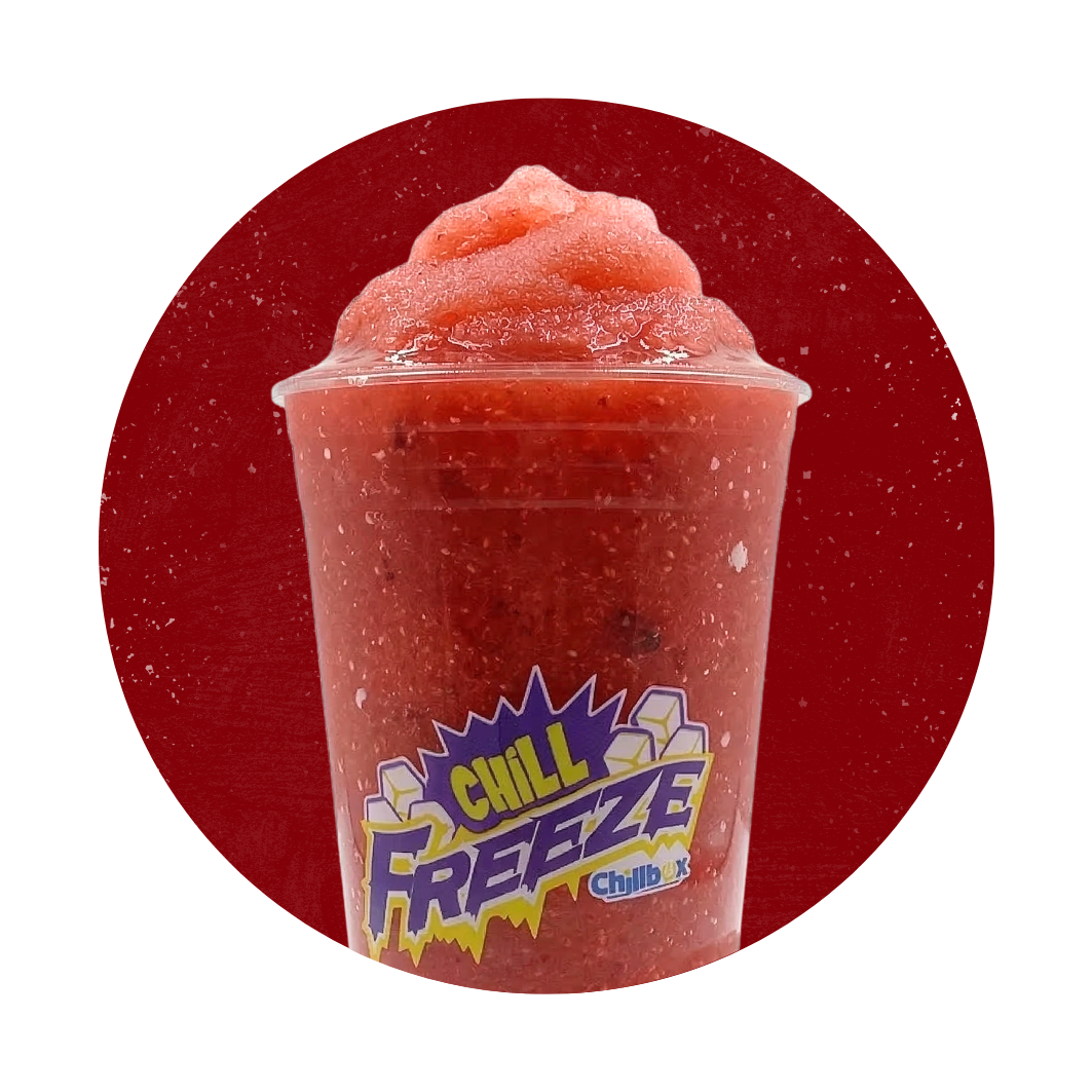 Red Cherry Icee Freeze cup with a red slush drink on a red background