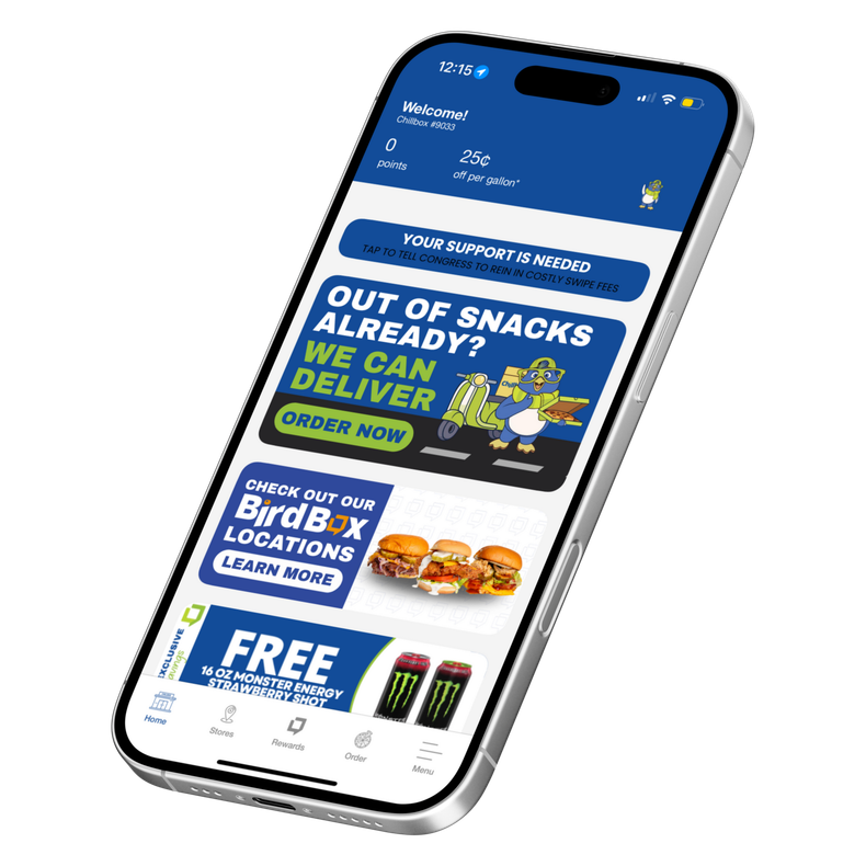 Mobile grocery shopping app on a tilted smartphone, showing snack deals and delivery offers on a blue screen