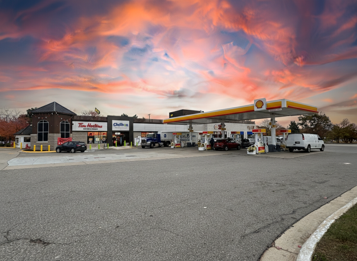 Gas station and convenience store at dusk under a pink-orange sky