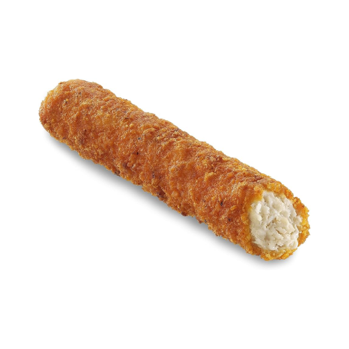 Golden-brown breaded chicken snack stick on a white background