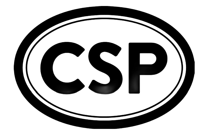 Black and white oval logo with the letters “CSP” centered inside.