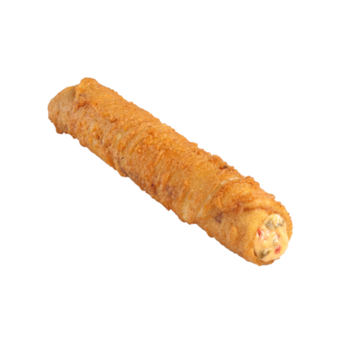 Golden-brown fried rolled pastry with a visible cream filling on a white background