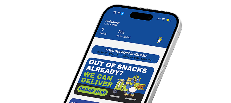 Smartphone screen showing a blue app promo banner reading “Out of snacks already? We can help!”