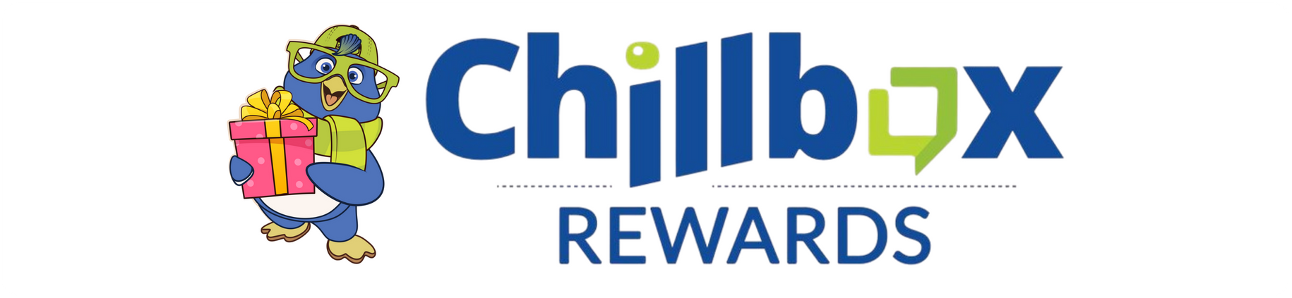 Chillbox Rewards logo with blue text and a small cartoon character holding a box.