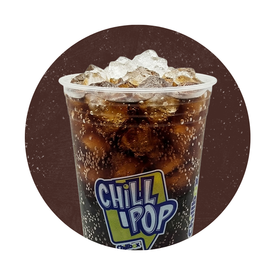 Clear cup of dark cola with ice and a Chilly Pop logo on a brown background
