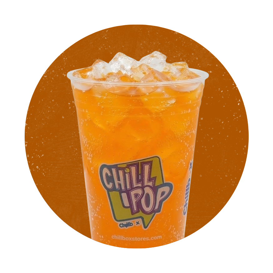 Orange icy drink in a clear cup with ice and a “Chill Pop” label on an orange background