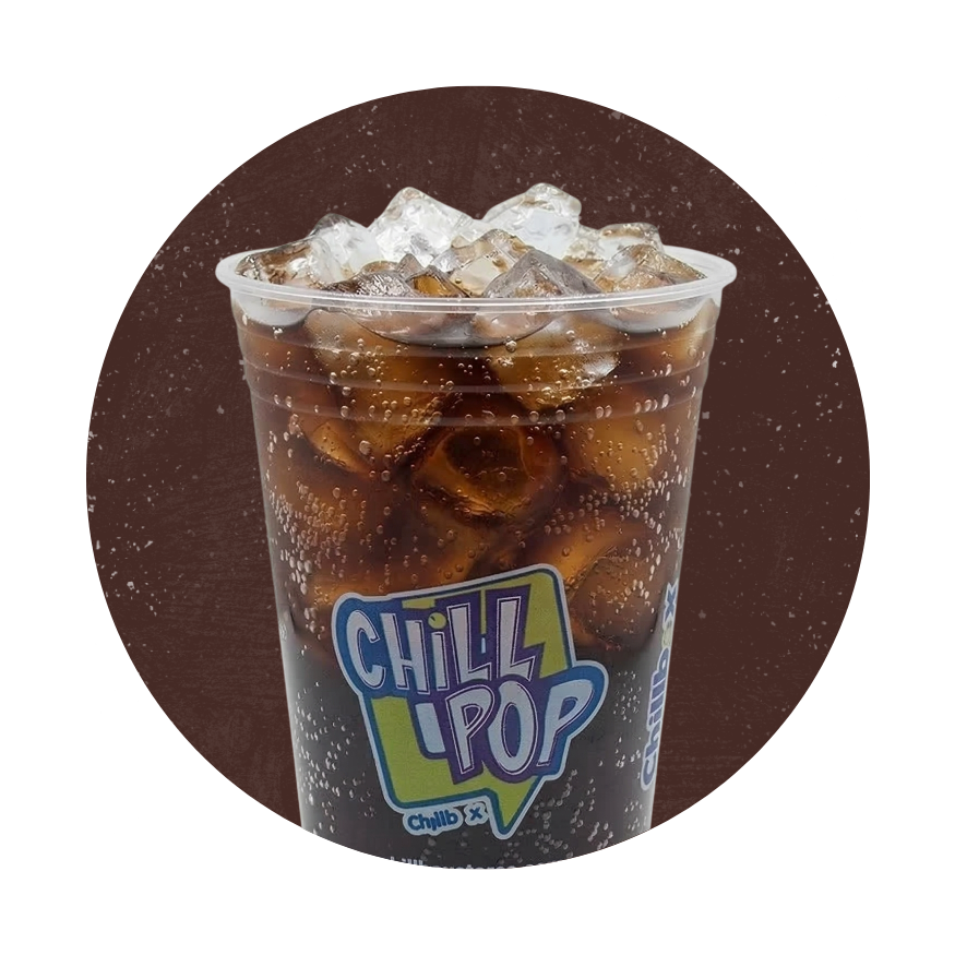 A cup of cola with ice and a Chill Pop logo on a brown background