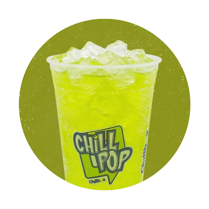 Bright neon green icy drink in a clear cup with a “Chill Pop” logo on a green background
