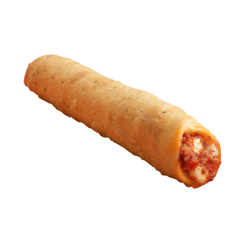 A breaded pizza roll with melted cheese and tomato filling visible at one end.
