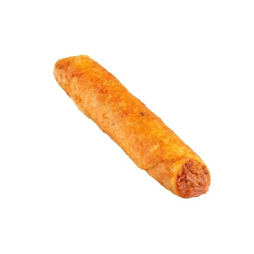 Golden-brown fried sausage roll on a white background