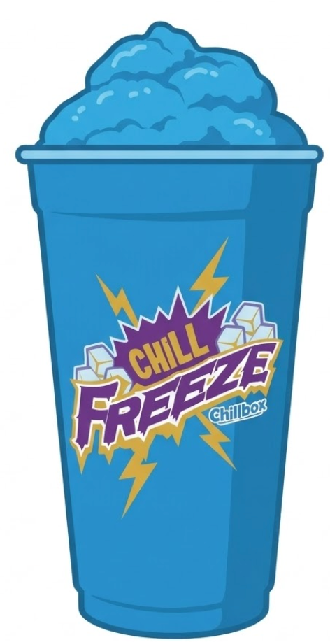 Blue slush drink in a cup labeled “Chill Freeze” with yellow lightning bolts.