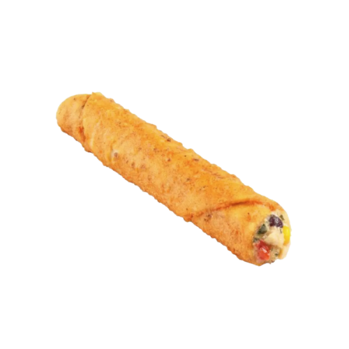 Golden fried pastry with cream filling and chocolate chips visible at the end