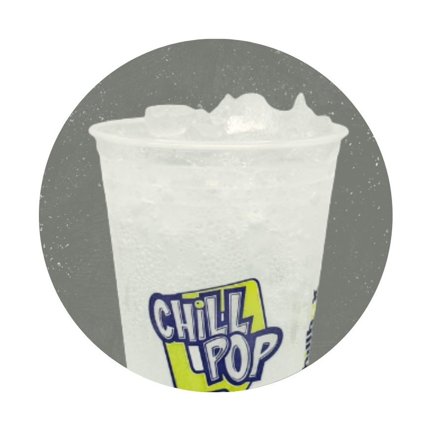 Clear plastic cup of ice with a colorful “Chillz Pop” label on a gray background