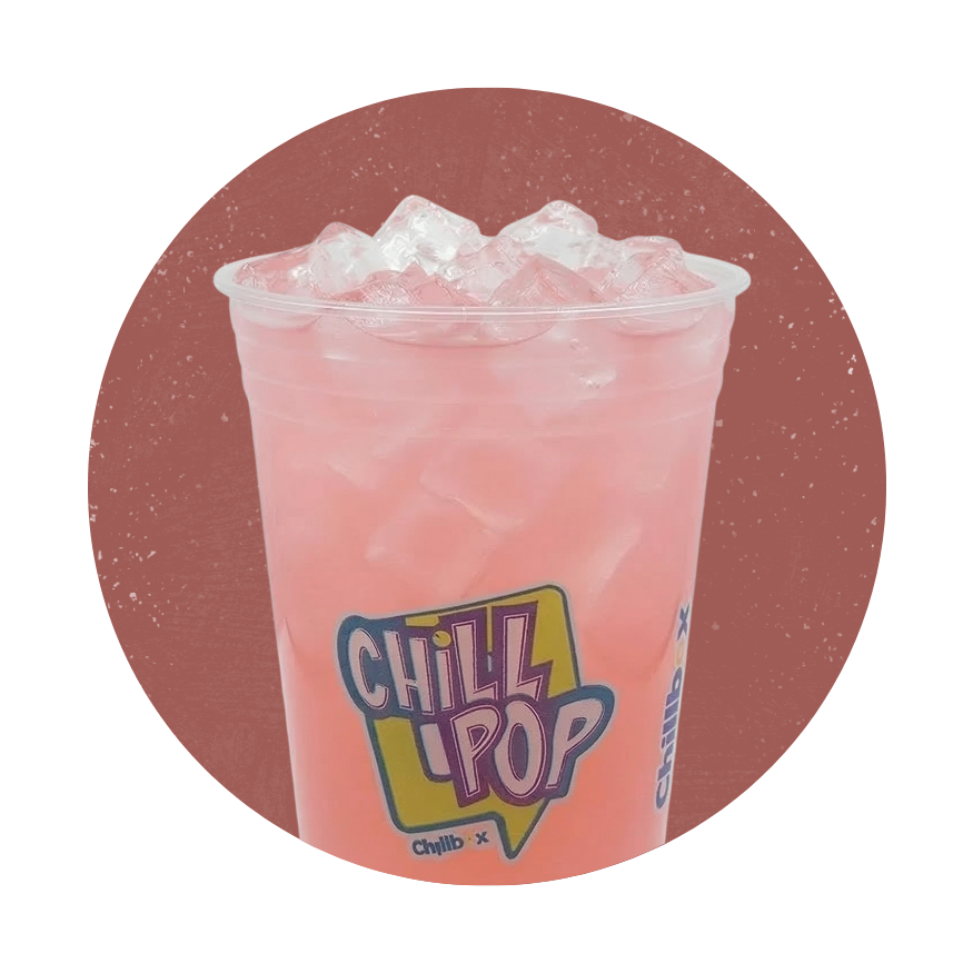 Pink slush drink in a clear cup with ice and a Chill Pop logo on a pink background