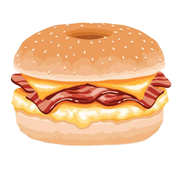 Illustrated bacon, egg, and cheese sandwich on a sesame bun