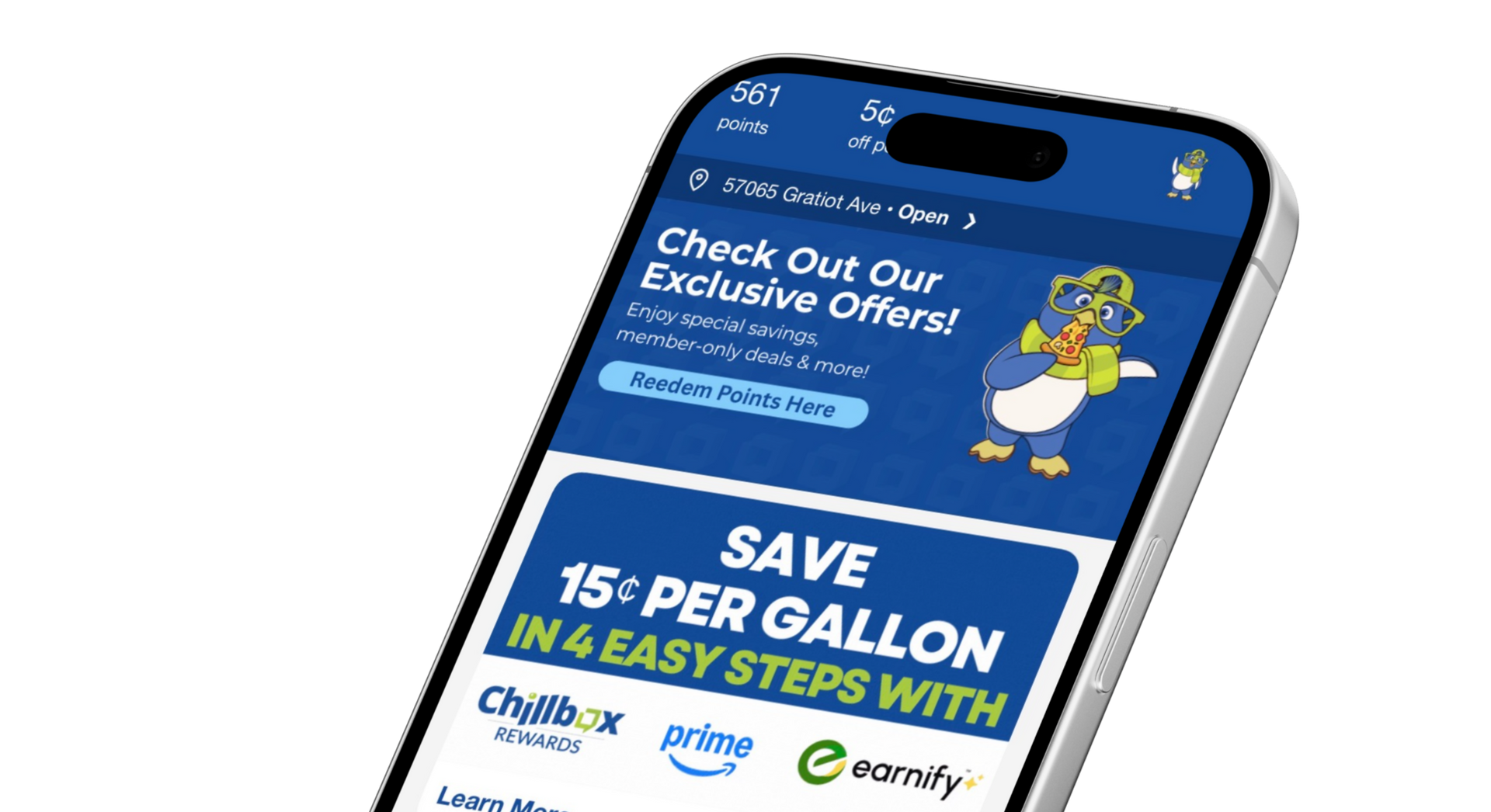 Blue smartphone ad for an exclusive offer: “Save 15¢ per gallon in 4 easy steps.”