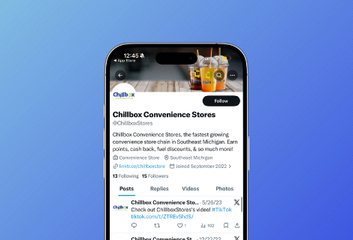 Smartphone showing a social media profile for Chillybox Convenience Stores with product photos and tabs visible