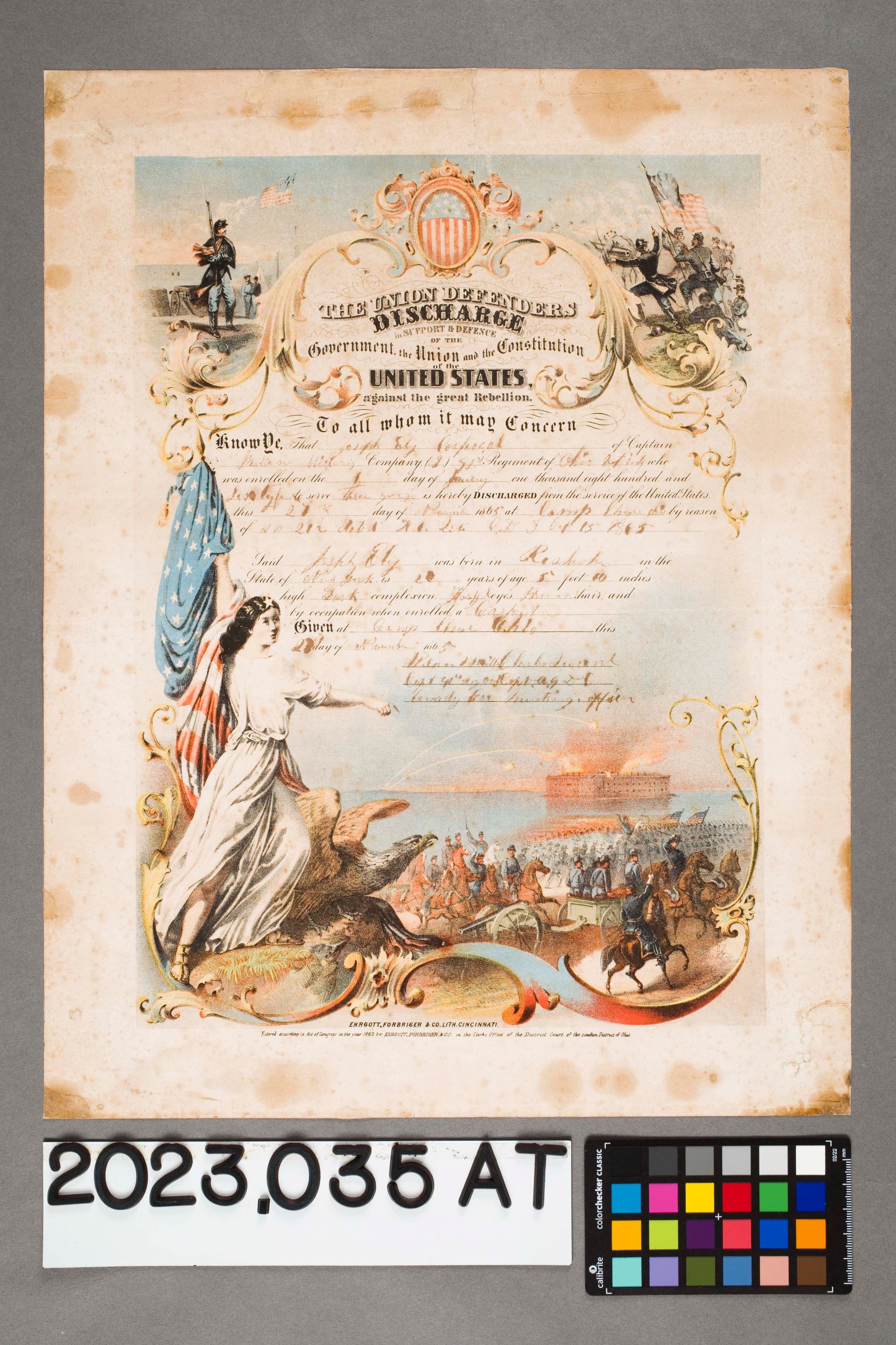 Civil War-era certificate with ornate patriotic border, military imagery, and handwritten script on aged, stained paper.