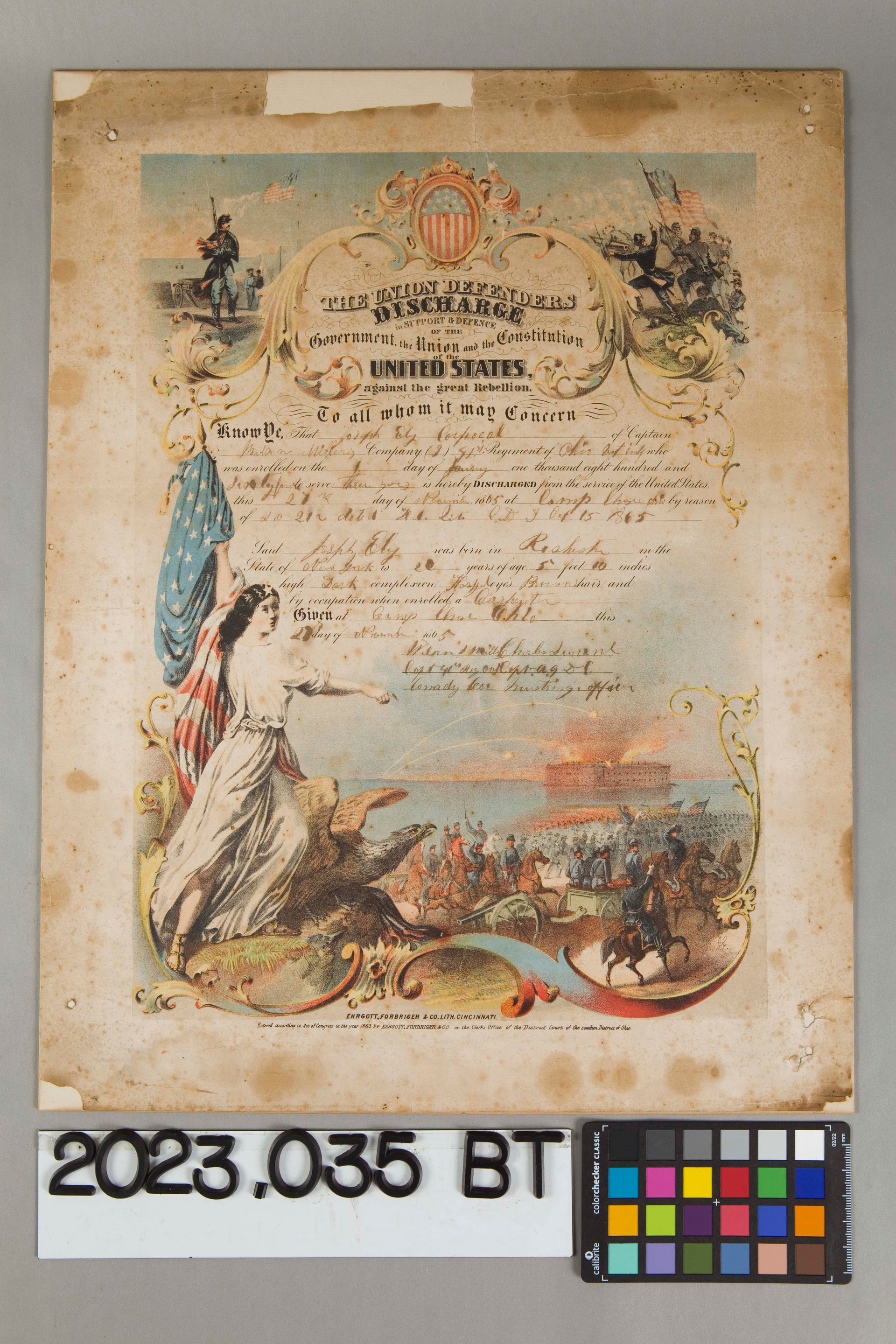A vintage, weathered military discharge document for a United States soldier, featuring patriotic illustrations.