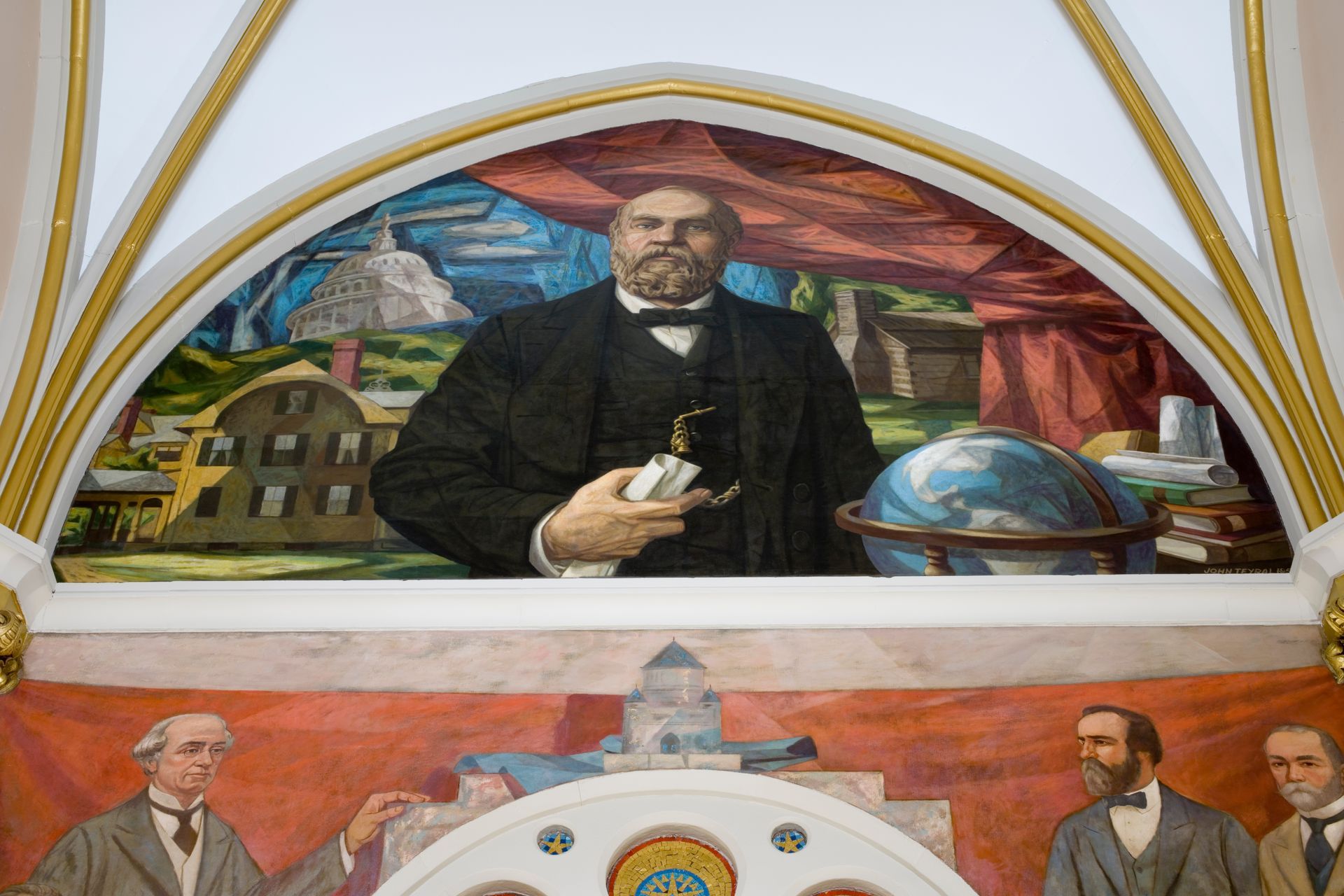 A mural featuring portraits of historical figures, including a central man with a globe and building schematics.