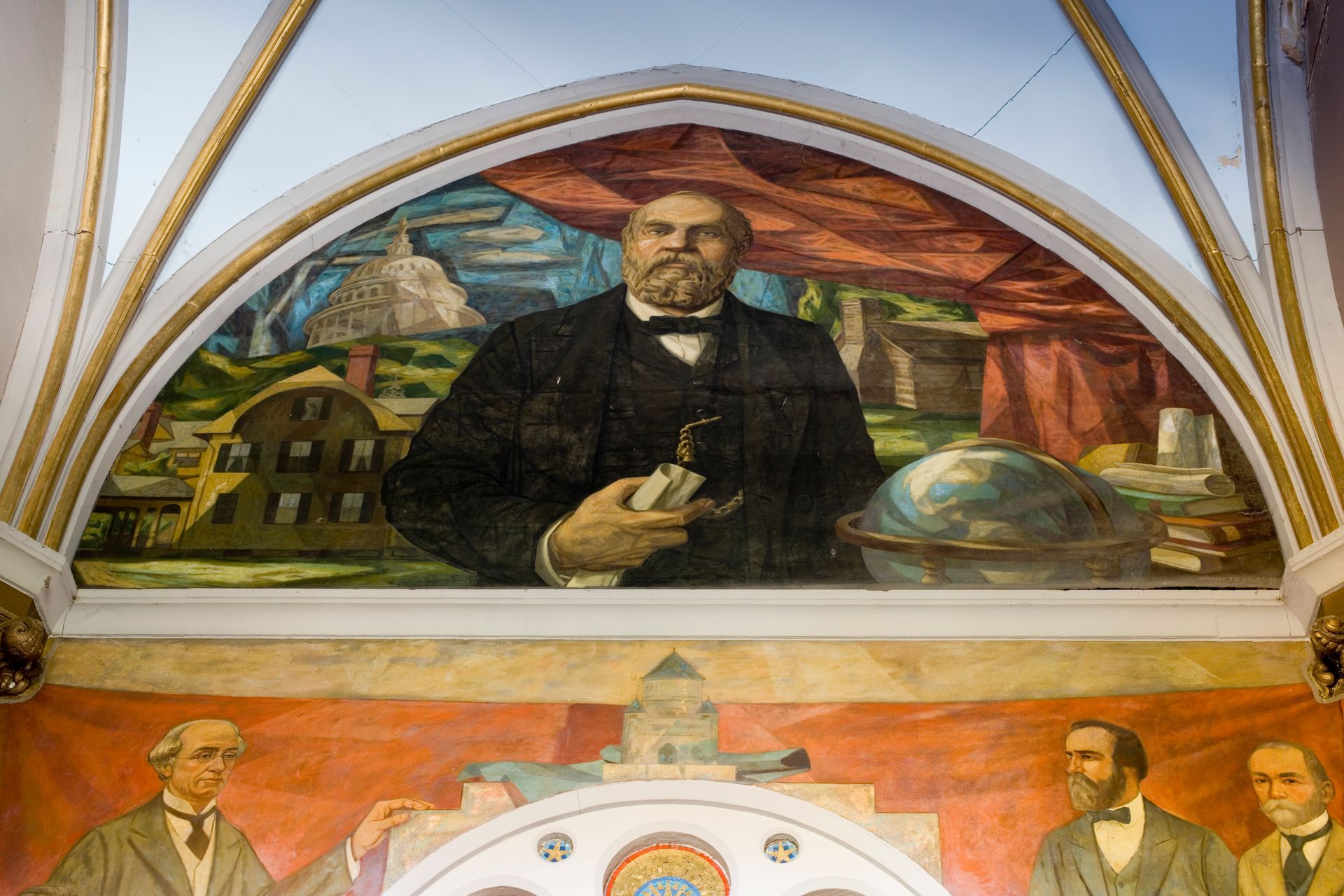 Mural depicting a central figure in a suit holding a document, with a globe nearby and portraits of men below.