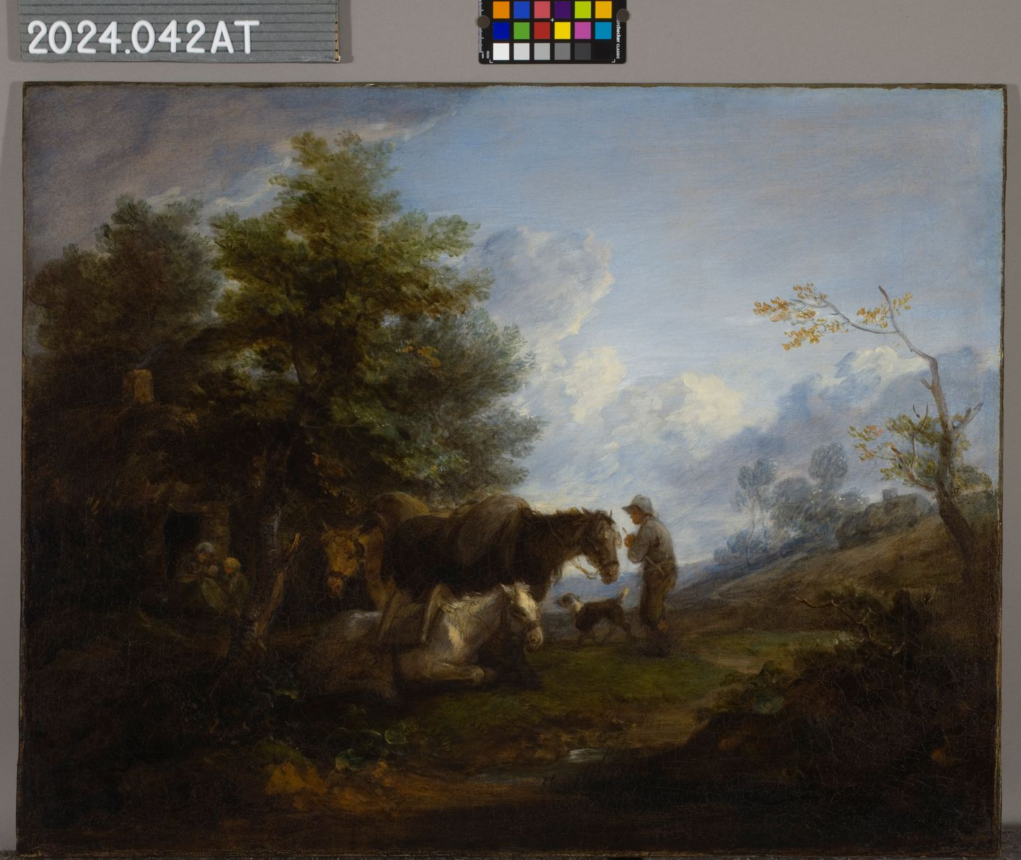 An oil painting of a landscape with a person tending to horses and a dog near trees under a cloudy sky.