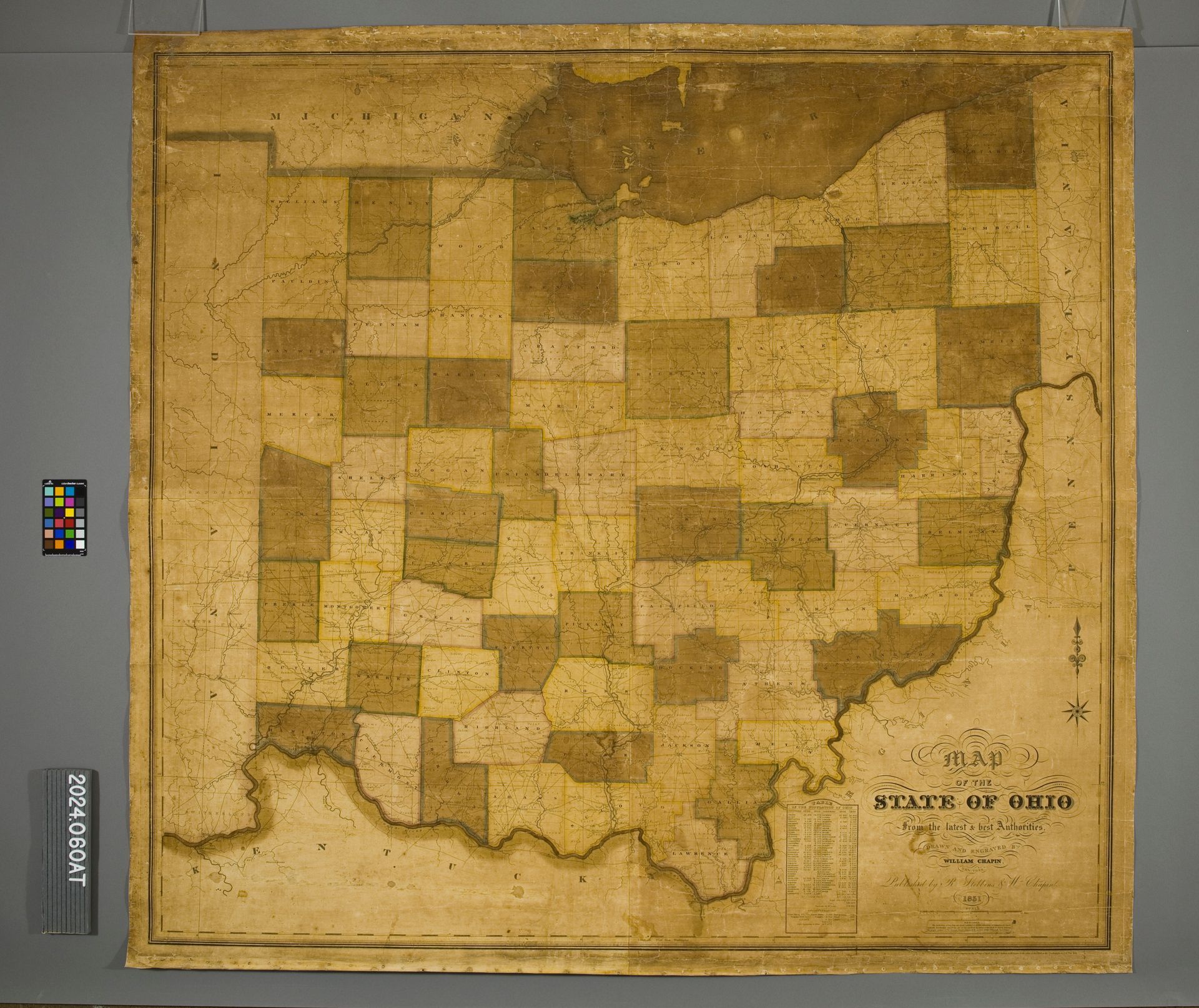 A 1834 map of the State of Ohio showing its counties, bordered by a color-coded legend and a neutral gray background.