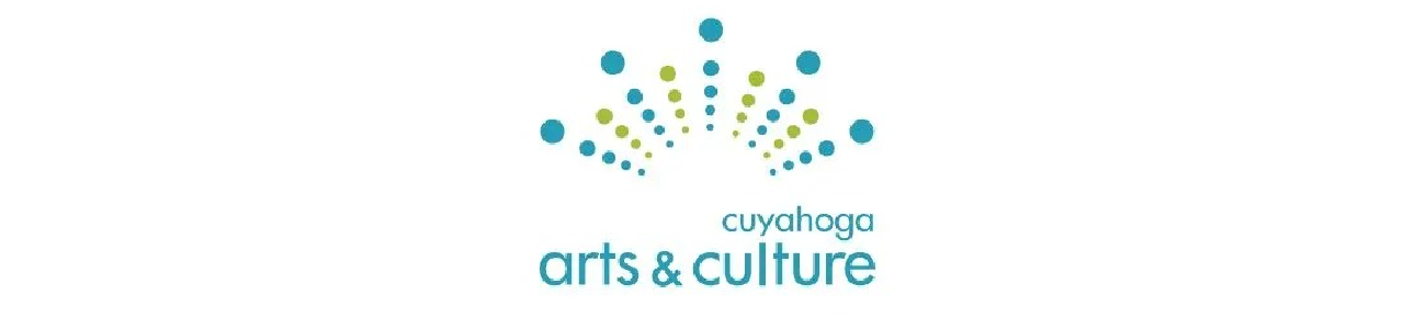 Logo for Cuyahoga Arts & Culture featuring text below an arc of blue and yellow dots radiating outward.
