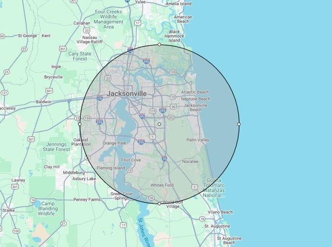 A map of jacksonville florida with a circle around it.