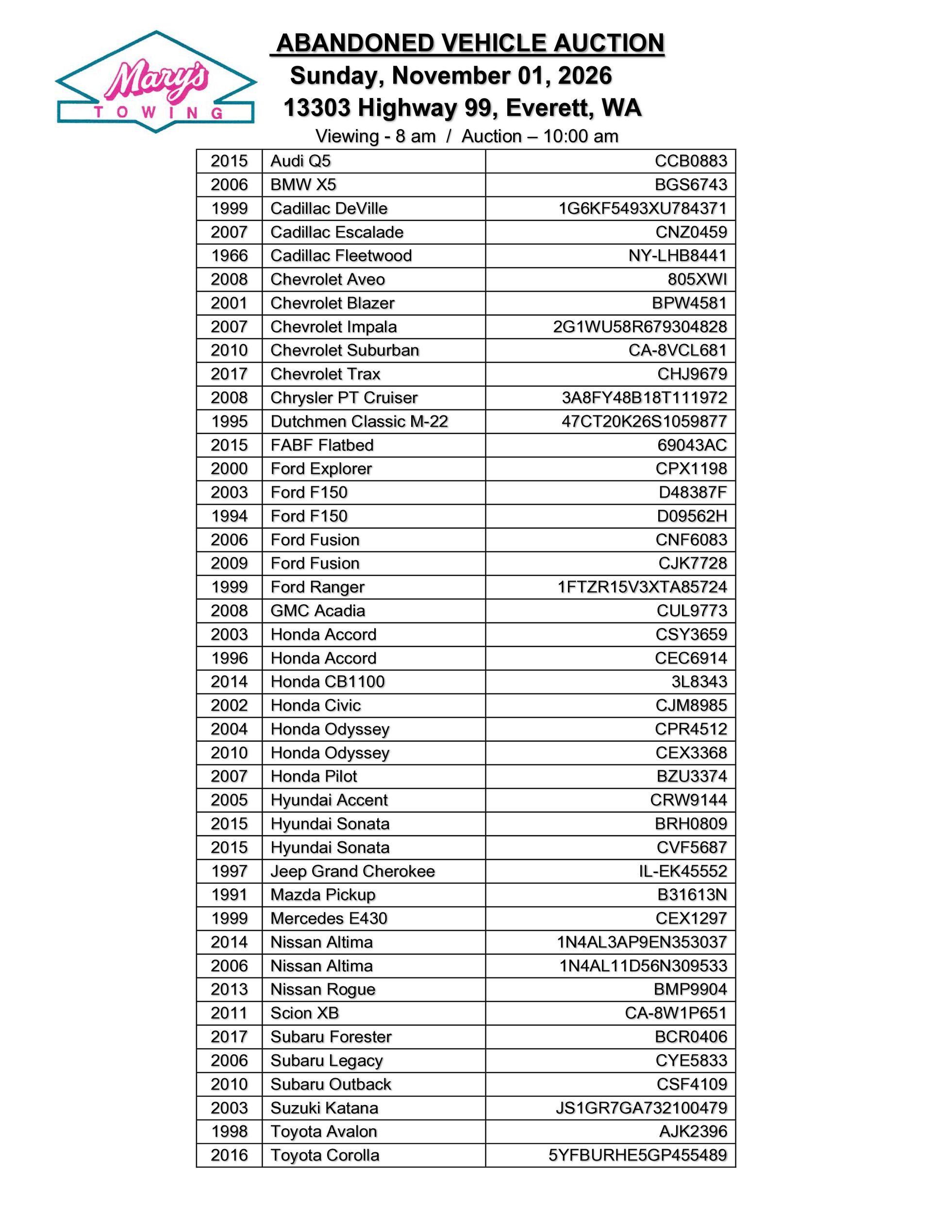 Auction catalog page with a long list of vehicle entries and prices